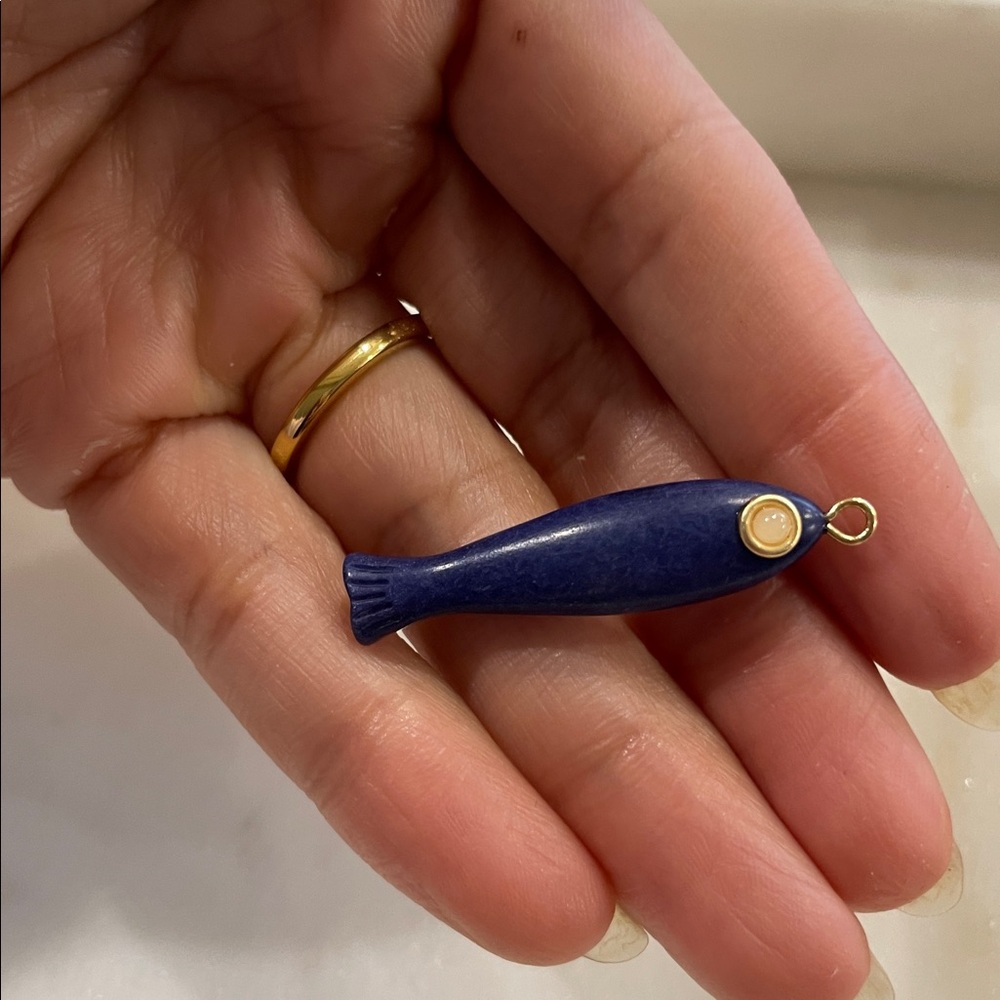 Bold Cobalt Blue Fish Pendant Charm with Cream Eye - Nautical Gold Tone